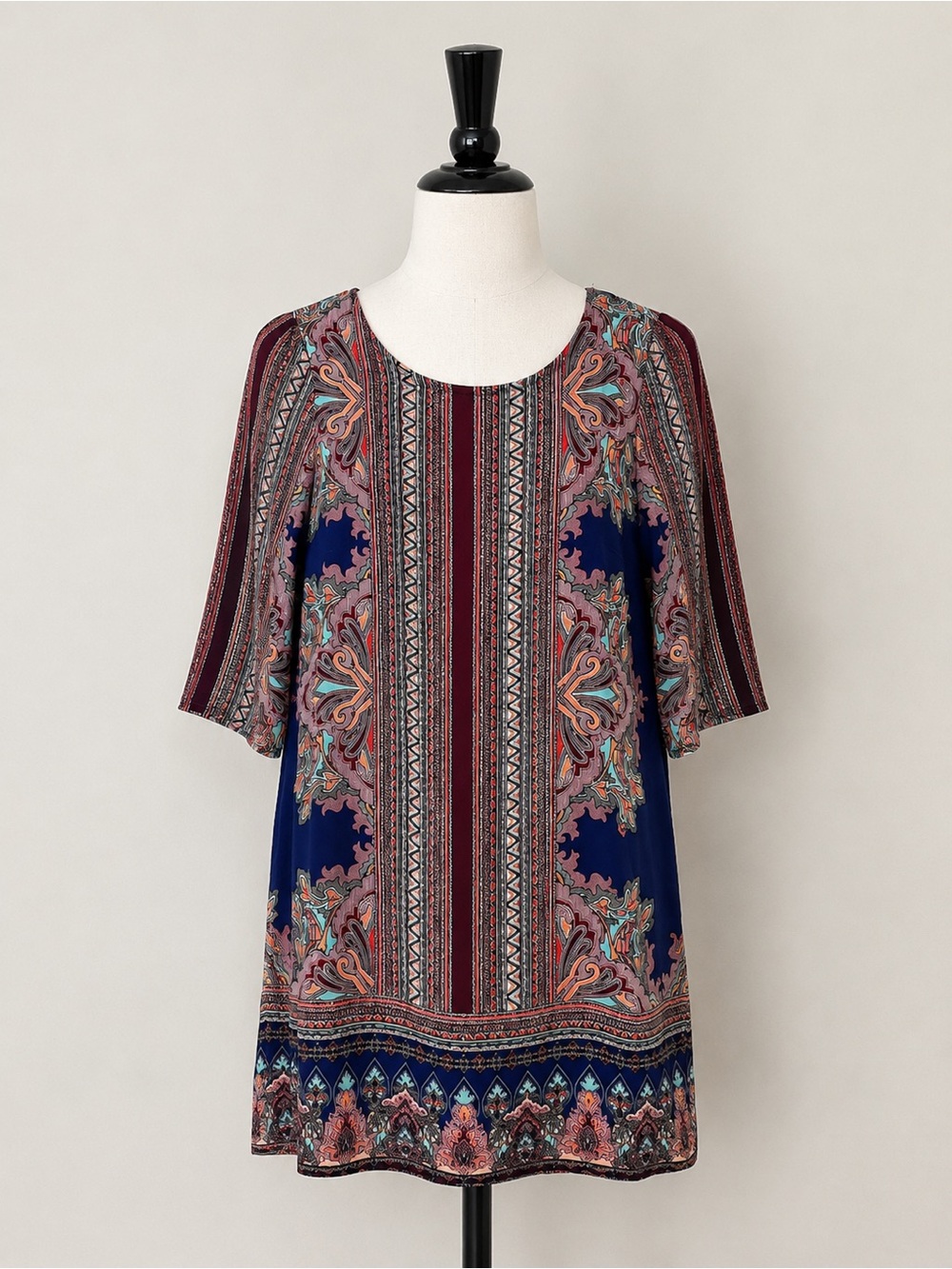 Alyx Navy Paisley Border-Print Tunic with Burgundy Accents